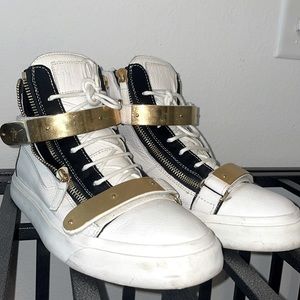 Giuseppe Zanotti Mens High Top Shoe Leather Black White Gold w/ Zippers!